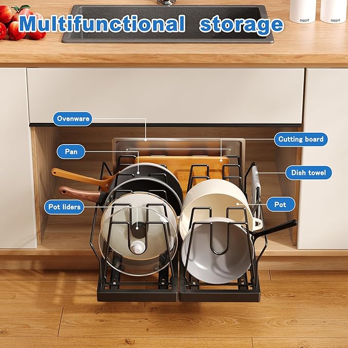 Mustorn Pots and Pans Organizer Under Cabinet, 21.6" Deep Pull Out Pot Lid Organizer Holder with Guardrail Adhesive Pot and Pan Holder Rack with 10 Adjustable Dividers-1 Pack(Black)