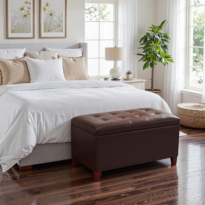Joveco Storage Ottoman Bench, 33 Inches Faux Leather Rectangle Tufted Foot Stool for End Foot of Bed, Bedroom, Living Room, Brown