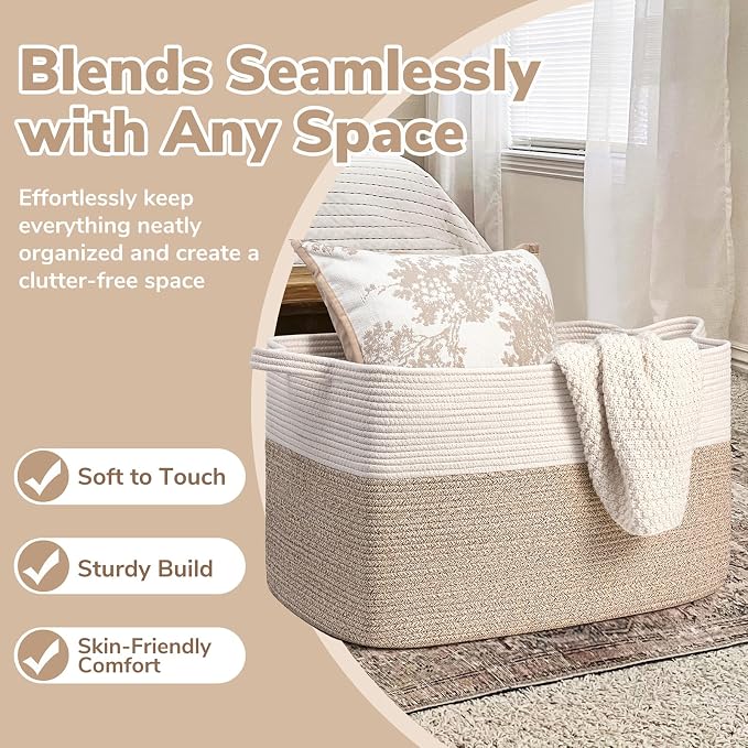 Goodpick Extra Large Cotton Rope Basket, Rectangle, White & Light Brown | 85L, 23.6 x 15.7 x 13.8 in, Handles, Blankets, Toys & Dirty Clothes Storage, Living Room, Nursery & Bedroom Organization