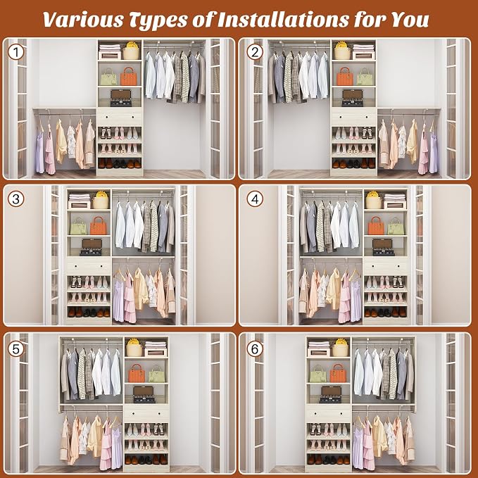 [10 FT Closet System] 120 Inch Reversible Set of 2 Wood Closet Organizer System with 2 Drawers, 4 Hanging Rods Adjustable Shelf, Walk In Closet Organizers with Shoe Rack, Garment Rack, White Oak