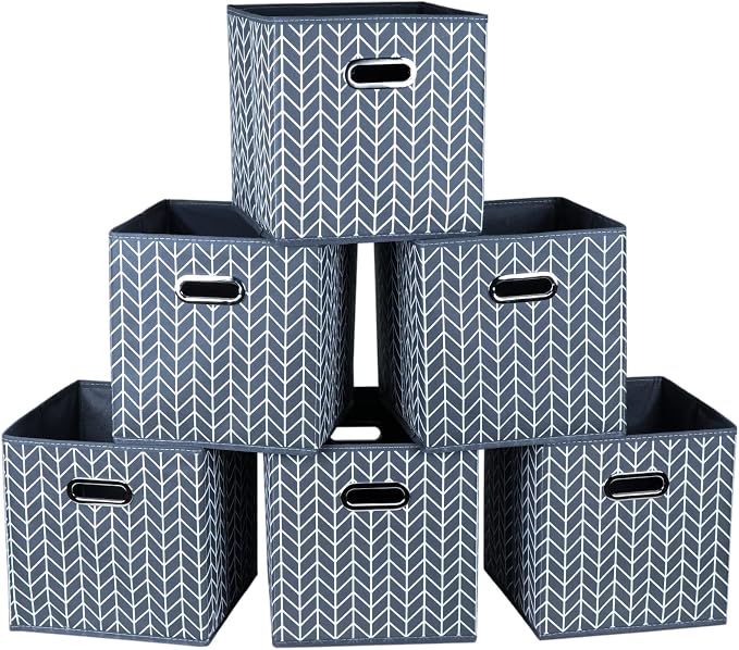 Fabric Cloth Storage Bins,Fabric Cube Organizer with Dual Handles Foldable Cube Storage Baskets for Home Bedroom Storage,Set of 6,(Grey Wave)