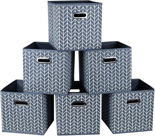 Fabric Cloth Storage Bins,Fabric Cube Organizer with Dual Handles Foldable Cube Storage Baskets for Home Bedroom Storage,Set of 6,(Grey Wave)