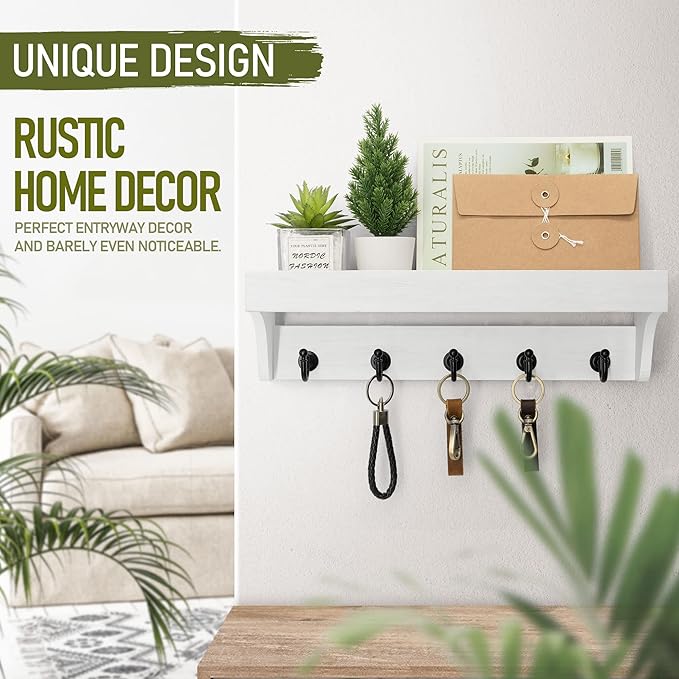 Rebee Vision Key Holder Wall Mount with Shelf for Room Decor, White | 5 Sturdy Hooks, Floating Shelf, Decorative Hanging Organizer, Key Holder for Wall, Apartment Storage Accent
