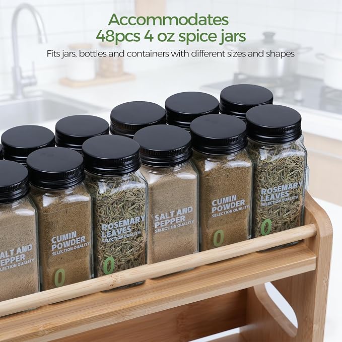 3 Tier Bamboo Spice Rack Organizer for Kitchen Countertop or Wall Mounting | Holds 48pcs 4oz Spice Jars, Handles for Easy Lifting, FSC-certified Bamboo