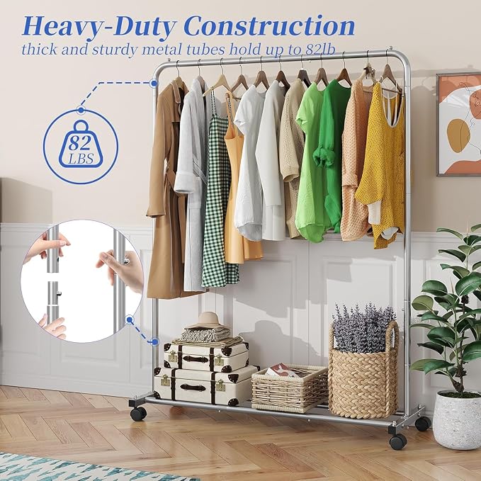 Simple Trending Standard Clothes Clothing Garment Rack with Storage Shelves, Rolling Clothes Organizer on Wheels for Hanging Clothes, Silver