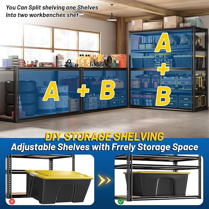 ROOMFAVE 40" W Storage Shelves 5 Tier Garage Shelving Heavy Duty,2350LBS Adjustable Metal Shelving Unit, Garage Shelves for Basement, Warehouse, Pantry, Closet, 72.1" H x 40" W x 20" D, Black,4PCS