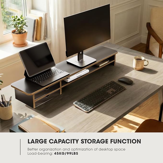 Fenge Monitor Stand, Desk Computer Riser with Frosted Storage Drawer, Black | 42.5 Inch Dual Monitor Riser, 2 Tiers, Cable Management, Desk Shelf for 2 Monitors, Ultrawide Screen, Laptop, TV, Home Office