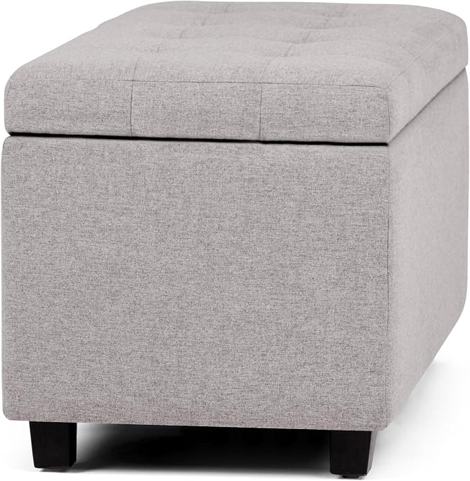 SIMPLIHOME Cosmopolitan 34" Wide Vegan Leather Storage Ottoman in Cream | Cloud grey, transitional storage ottoman with tufting and lift-up lid; rectangle storage bench for living room or entryway.