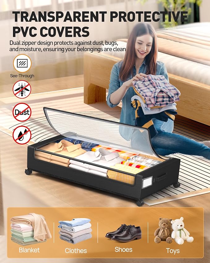Under Bed Storage, Underbed Storage With Wheels, Under The Bed Storage for Clothes, Blankets, Shoes... (Black, 1 Pack)