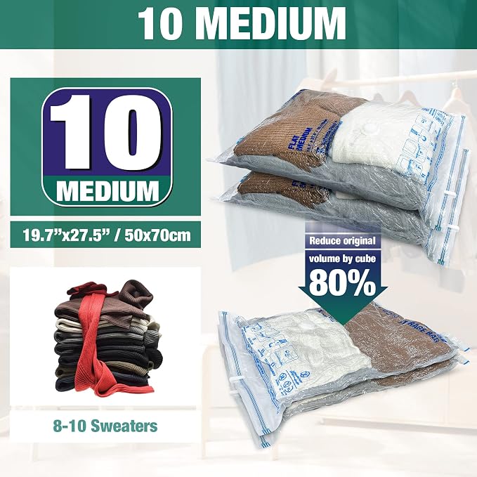 Vacuum Storage Bags, 10 Medium Space Saver Vacuum Seal Bags, Space Bags, Vacuum Sealer Bags for Clothes with Travel Hand Pump (10M) | Home and Travel, Airtight Triple Seal, Save 80% Space, Hand Pump, Work with Vacuum, Double Zip, Reusable, Easy to Use