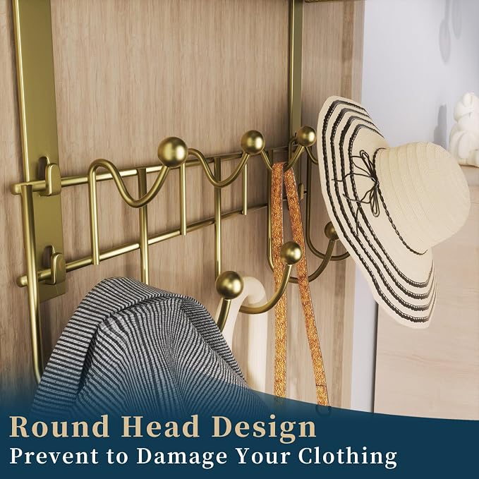 Consumest Over The Door Hooks Organizer - 3 Tier Door Hanger with 9 Coat Hooks & 2 Mesh Basket, Back Storage Organizer Hanging Towels for Bathroom, Bedroom, Gold
