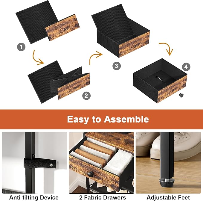 5 Tier Shoe Rack with 3 Drawers Rustic Brown | Holds 24-30 pairs. 3 drawers for accessories. Fabric shelves keep shoes dust-free. Quick 20-min assembly.