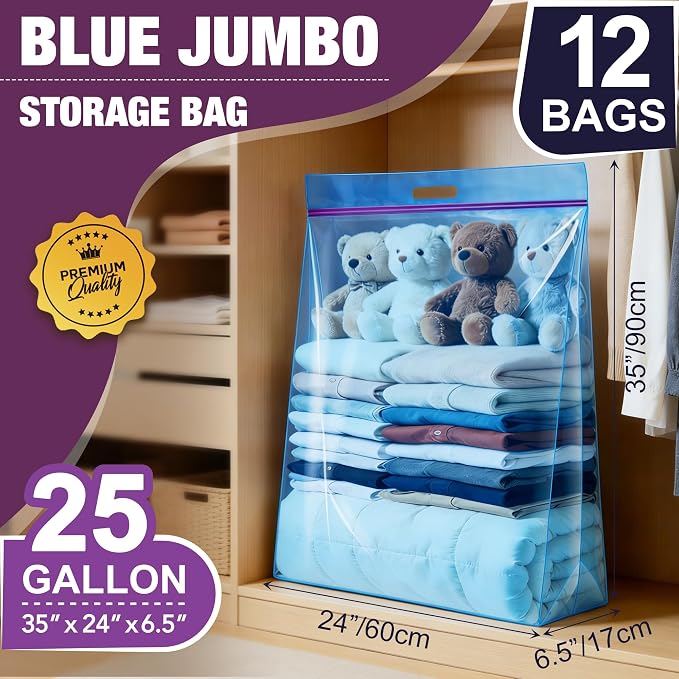 GOONIK 25 Gallon Jumbo Storage Bags with Zipper and Handle for Clothes Pillow Travel Moving, Extra Large, 35” x 24”, Blue, Pack of 12
