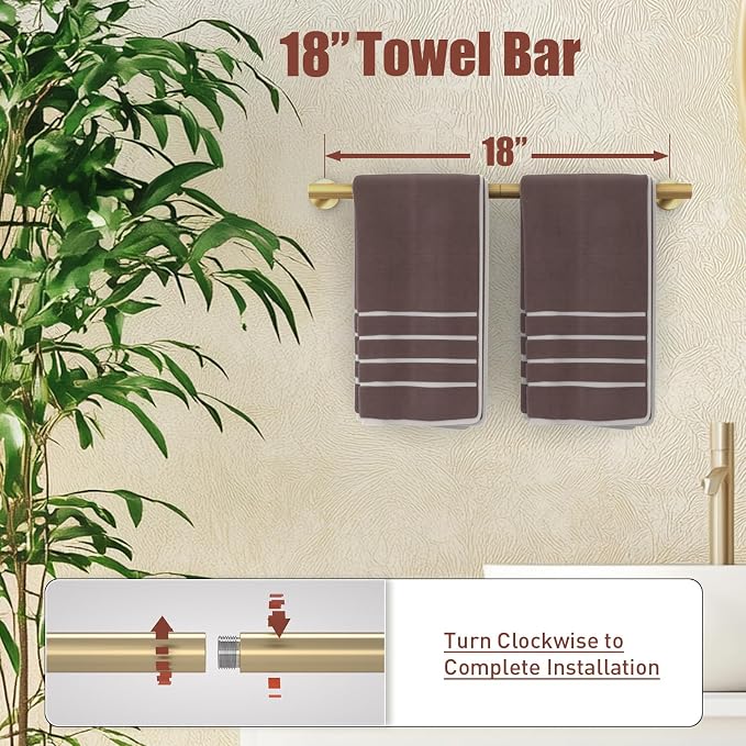 Luxbaro 18 Inch Brushed Gold Bathroom Accessories, Thicken, 5-Piece | Modern Towel Bar Set, Wall Mounted Towel Racks for Bathroom, Durable SUS304 Stainless Steel Bathroom Accessories Set