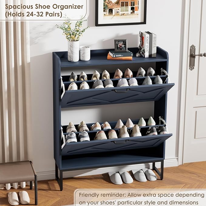 Nicetree Shoe Storage Cabinet, Shoe Cabinet with 2 Flip Drawers, Narrow Shoe Rack Cabinet, Farmhouse Slim Shoe Cabinet Storage for Entryway,Blue