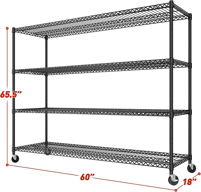 REIBII 60"W 4-Tier Storage Shelves with Wheels, 2399 lbs for Garage Kitchen | Heavy duty metal shelving, 18''D x 65.5''H, Adjustable, Lockable wheels, Tool-free assembly, For pantry basement commercial