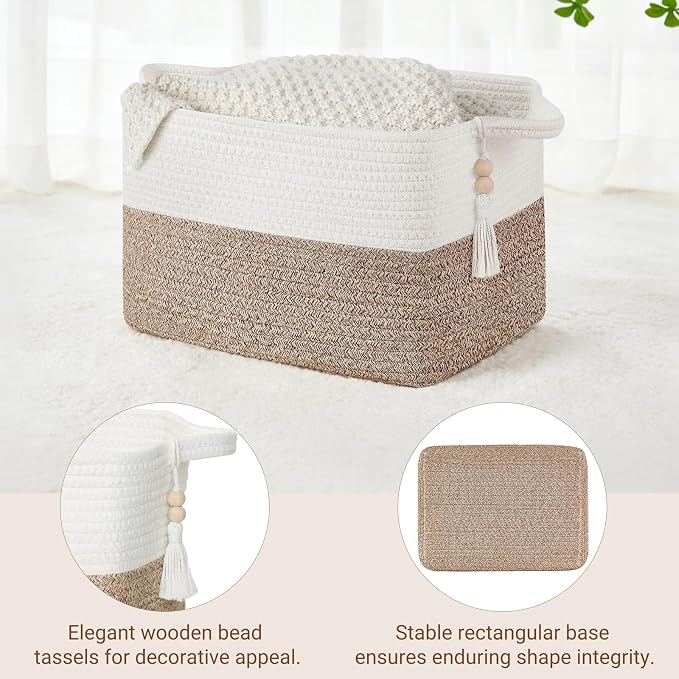 Mkono Woven Storage Basket, Cube Cotton Rope Basket for Shelves, 13"x10"x9" | Organizes Shoes Clothes Toys Towels Books, Gift Basket, Wooden Beads Tassel, Rectangle Bin, Fits Entryway Bedroom Living Room