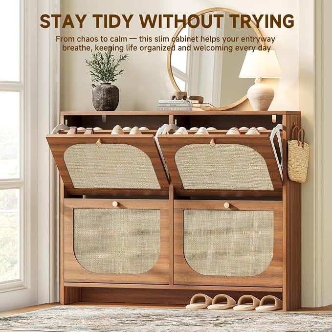 Nicetree Freestanding Ultra Slim Arched Rattan Accent Shoe Storage Cabinet for Entryway - 4 Flip Drawers & 3-Tier Adjustable Shelves, Farmhouse Modern Rustic Shoe Rack for Hallway, Foyer Oak