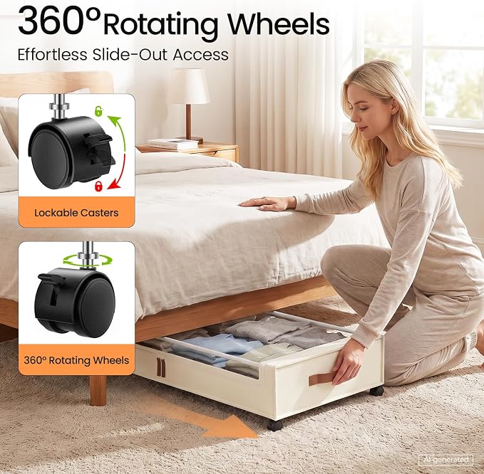 Yecaye 70L Large Under Bed Storage Containers with Wheels, 2 Pack, Beige | Larger Capacity, 360° Rolling Wheels, Clear Window & Label, Sturdy Fabric, Rolling Metal Drawers for Clothes, Shoes, Blankets
