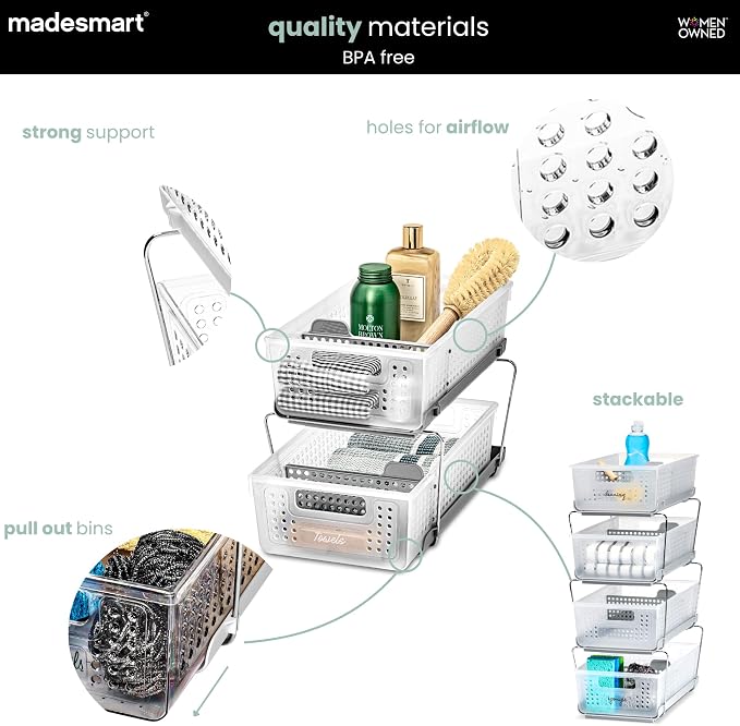 madesmart Two Tier Pull Out Organizer with Dividers, Frost