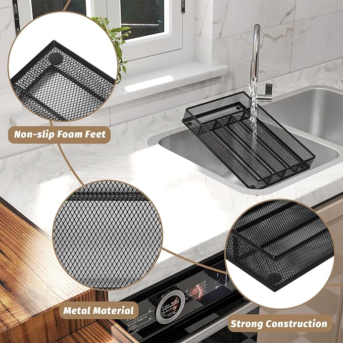 Sedegn mesh silverware tray for drawer: 5 Compartments for Easy Sorting | Sized at 9.3" x 12.6" for kitchen drawers with non-slip feet, metal mesh design for easy cleaning, organizing flatware Black