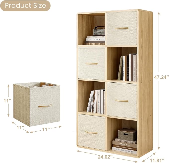 EXPERLAM 8 Cube Storage Organizer - Solid Wood Bookshelf with 4 Storage Bins, Cube Shelf with 2 Removable Back Panels, Vertical or Horizontal Bookcase, Open Book Shelf for Bedroom, Living Room, Office