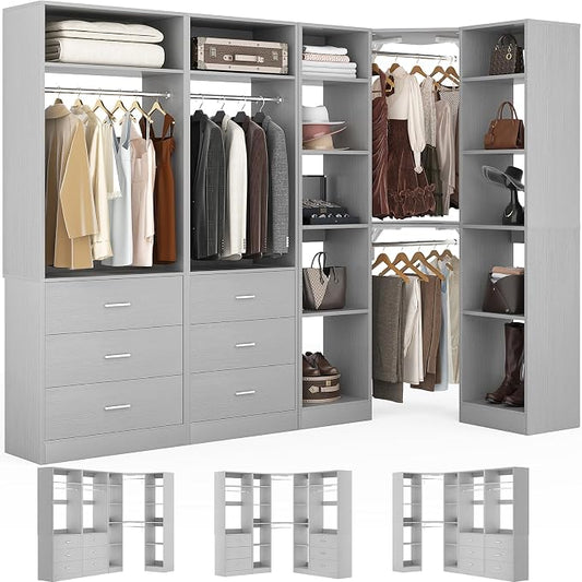 Besiost Corner Closet System with 6 Drawers, Closet Organizer System with 14 Shelves & 4 Hanging Rods, 87.2"L * 39.2"W / 63.2"L * 63.2"W Reversible L Shaped Walk-in Closets, Load 2500+LBS, Grey