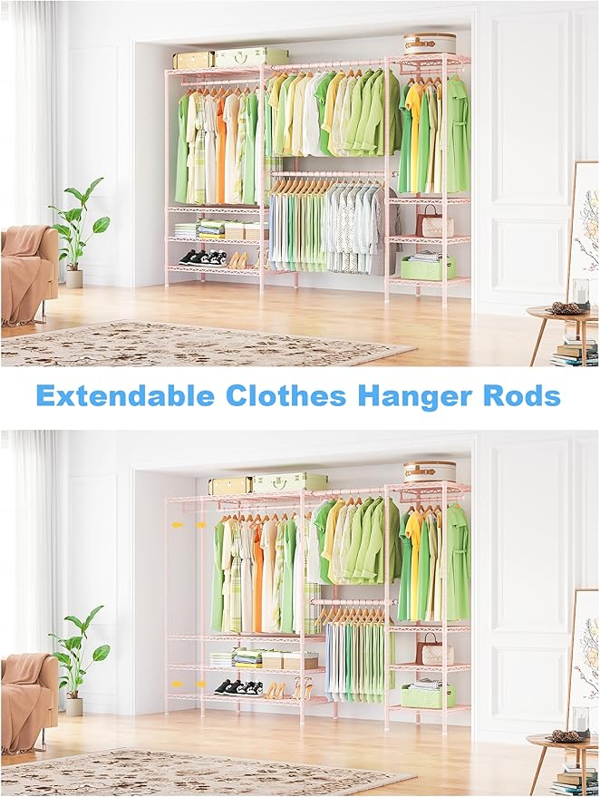 Ulif E11 Heavy-Duty Closet Garment Rack, Metal Clothes Rack, Load 1034lbs | Pink Freestanding Expandable Clothing Storage Organizer System for Hanging Clothes, (73.2-97.6)"W x 14.5"D x 71.2"H,