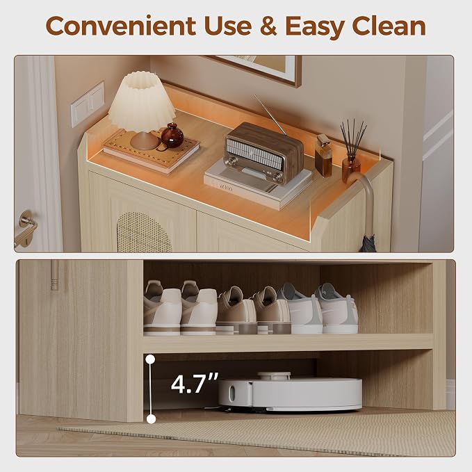 6-Tier Shoe Cabinet Storage for Entryway, Rattan Shoes Organizer Cabinets with Doors, Wooden Shoe Rack, Farmhouse Boho Wood Storage Cabinet (Oak, 6-Tier)