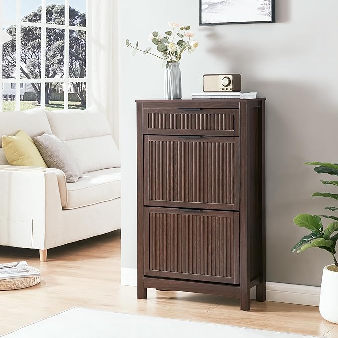 2-Flip Drawer Shoe Cabinet Narrow Entryway Rack, Brown | Vertical Wood Grain, Metal Handles, Adjustable Compartments, Removable Shelf, Anti-Tip Device, for Hallway Foyer Entryway