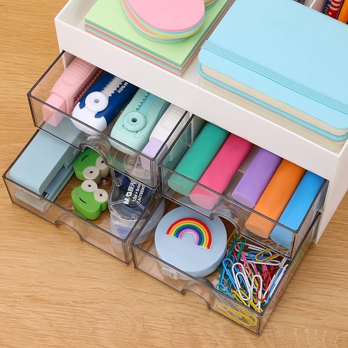 LETURE Desktop Organizer with Drawer, Accessories Stationary Organizer Desk Caddy, Pen/Pencil/Business Card/Sticky Note Tray/Paperclip Holder Storage Box (White)