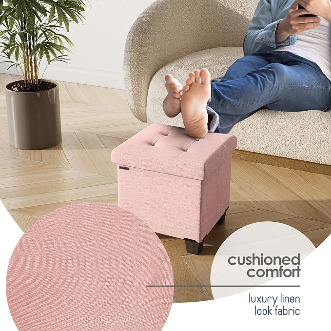 Storage Ottoman Cube with Small Bin, 15-in Square Ottoman with Storage for Living Room and Bedroom, Small Ottomans Foot Rest, Fabric Foot Stools Ottomans Max 330lbs, Pink