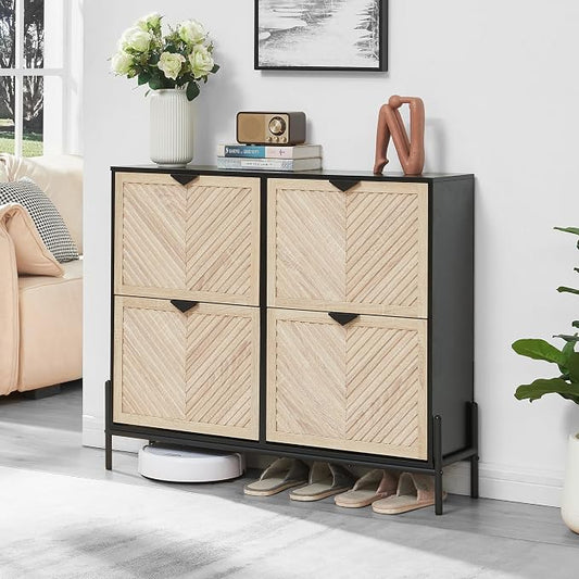 Shoe Cabinet with 4 Flip Drawers, Narrow Entryway Rack, Oak&Black | Slanted Wood Grain, Freestanding, Adjustable Compartments, Removable Middle Shelf, Metal Handles, for Hallway Foyer Entrance