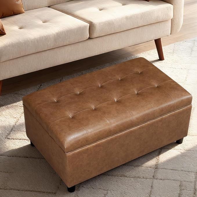 Joveco Rectangular Lift Top Storage Ottoman Bench, Faux Leather Storage Bench for Living Room Entryway Bedroom, Ochre Yellow