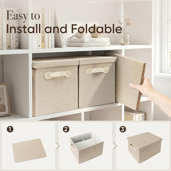 Fabric Storage Bins with Lids, Heavy Duty Collapsible Organizer Bins for Shelves, Stackable Closet Woven Baskets with Handles, 25L Rectangle Boxes for Bedroom Office, Cube Home Decor (Beige 2 Pack)