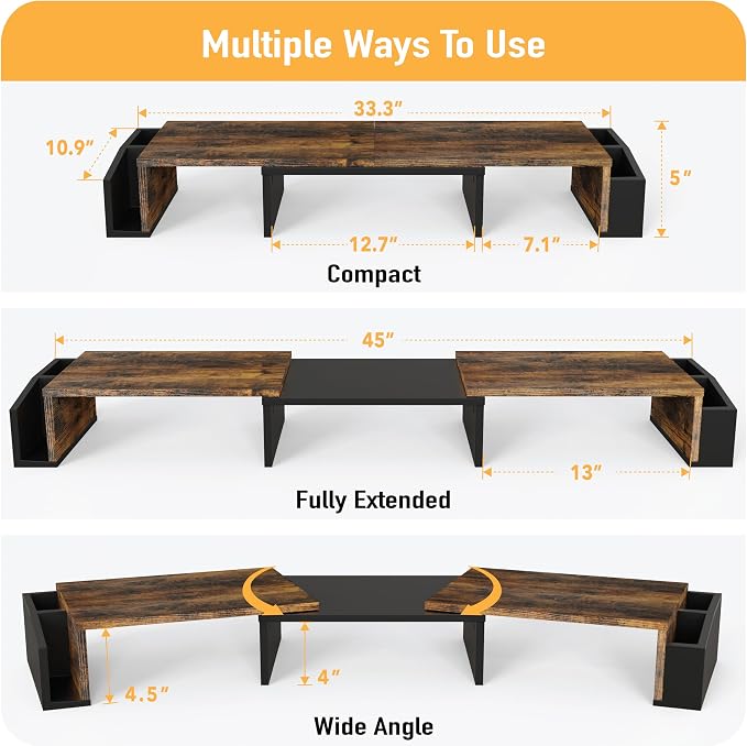 Simple Houseware Desk Dual Monitor Stand Riser with Drawer, Rustic Brown | Customizable Organizer Tray, Built-In Phone & Tablet Slot and Side Storage