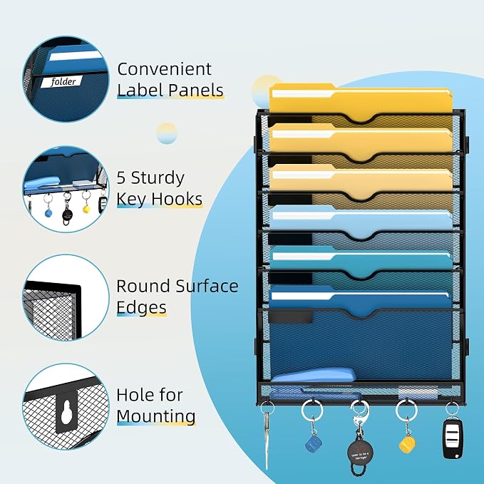 7-Tier Hanging Wall File Organizer with Hooks for Office Organization | Mesh Wall File Holder, Mail Organizer Wall Mounted for Papers, Documents, Folders and Magazines in Home Office, Classroom