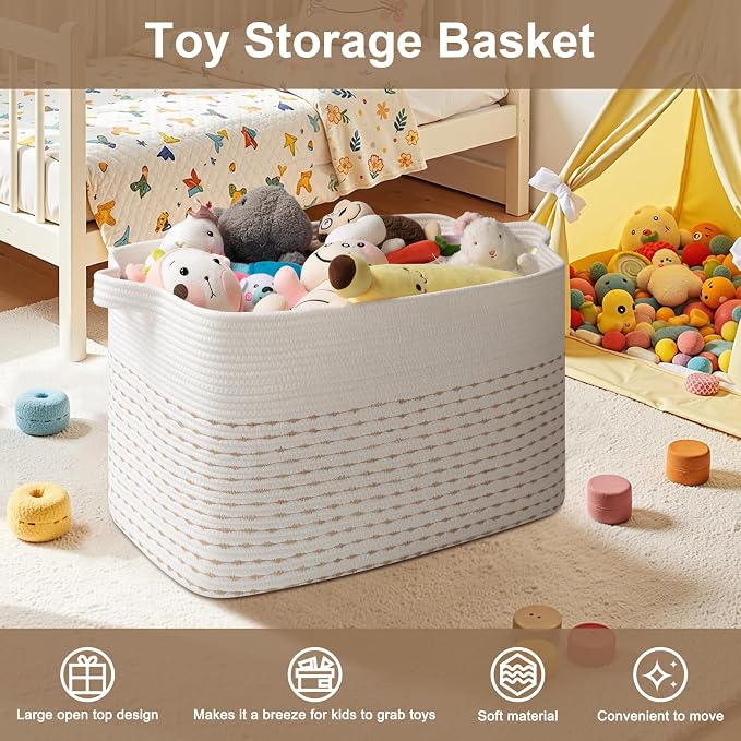 OIAHOMY 108L Extra Large Blanket Basket, 25”x16”x16” Rectangle Woven Cotton Rope Baskets for Living Room, Toy Storage with Handle- Light Yellow & White