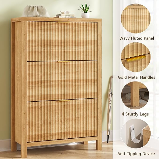 32" Fluted Shoe Cabinet Storage with 3 Flip Drawers for Entryway, Hallway | Hidden Shoe Rack Slim Freestanding Shoe Organizer with Legs for Hallway, Living Room, Oak
