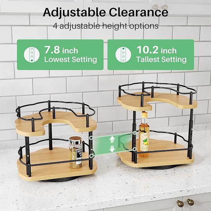 SNTD Lazy Susan Organizer Spice Rack - Spice Organization for Cabinet Height Adjustable Rotating Lazy Turntable, Pantry Kitchen Wood Revolving Seasoning Organizer (Natural, 9 Inch)