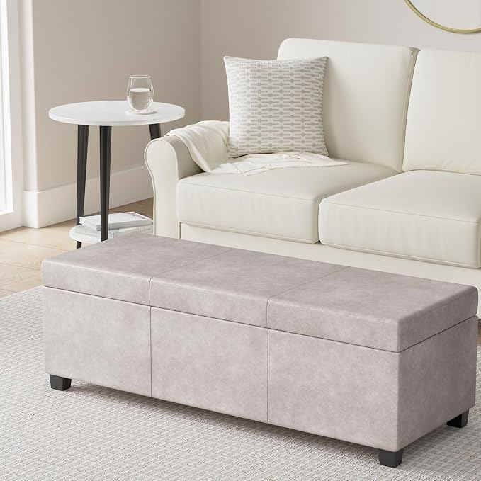 SIMPLIHOME Avalon Storage Ottoman Bench - 48" Wide x 16" High Upholstered Vegan Leather Rectangular Lift-Top Ottoman in Distressed Grey Taupe, Contemporary Bench for Living Room with High-Density Foam
