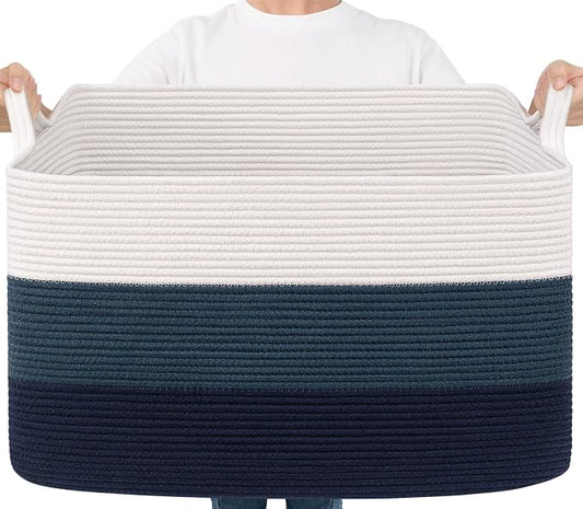 Goodpick 85L Large Blanket Basket 23.6" x 15.7" x 13.8" Cotton Rope Storage Baskets for Organizing, Rectangle Woven Baskets for Storage, Baby Toy Basket for Nursery Bedroom, Blue