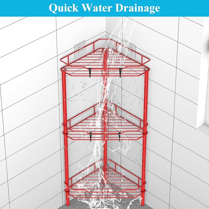 HuggieGems 3 Tier Floor Standing Corner Shower Caddy Organizer Shelf with Hooks, Bathroom Shelves Stand Rack, Red