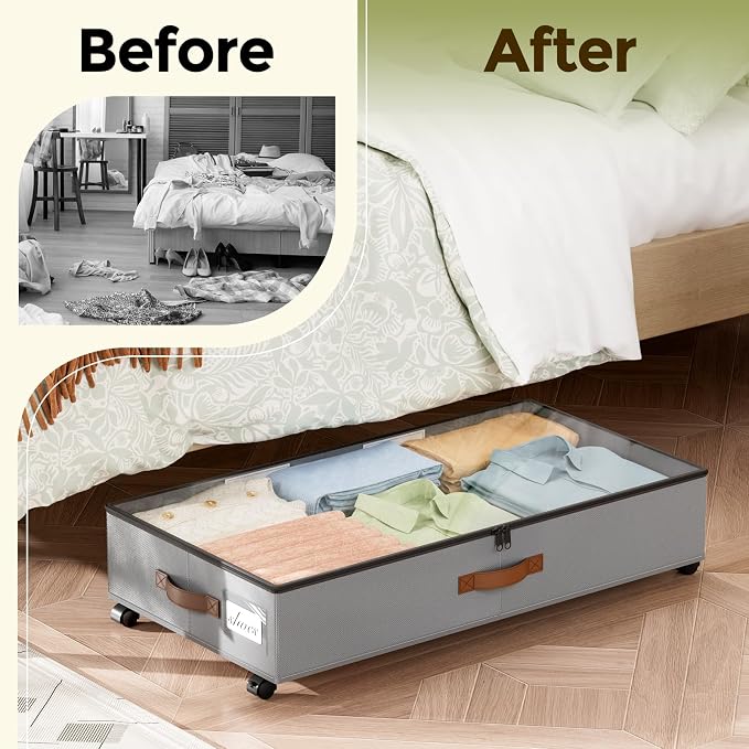 LAMU Under Bed Storage with Wheels, 2 Pack Under Bed Storage Containers with Clear Lids & Label, Rolling Under Bed Drawers for Clothes, Shoes, Blankets, Grey