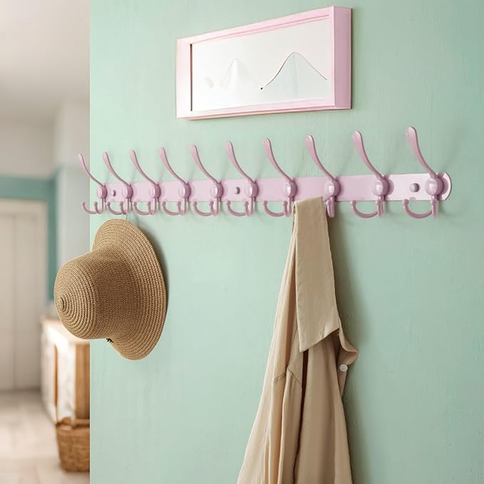Dseap Coat Rack Wall Mount - 38” Long 10-Tri-Hooks Heavy Duty Coat Hanger Rail Wall Hooks for Hanging Coats Hats Clothing Clothes Purse Mudroom Entryway, Pink