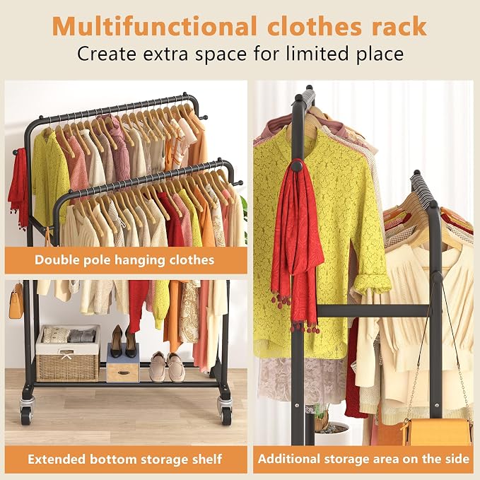 Laiensia Double Rods Garment Rack with Wheels, Clothing Rack for Hanging Clothes,4 Hooks, Multi-functional Bedroom Clothes Rack, Black