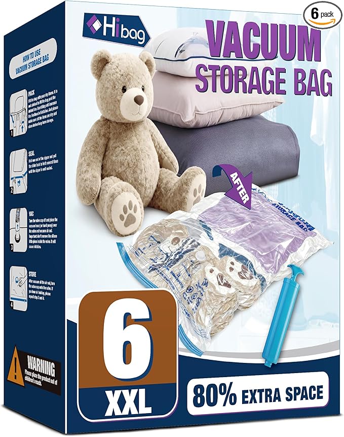 XXL Jumbo Vacuum Seal Storage Bags Extra Large for Clothing Bedding | 47''X35'', Airtight Triple Seal, Save 80% Space, Hand Pump, Work with Vacuum, Double Zip, Reusable, Easy to Use, 6 pack