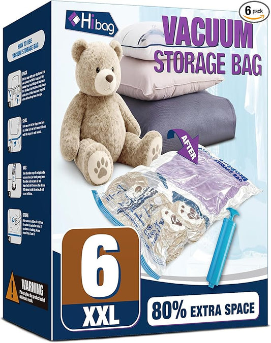XXL Jumbo Vacuum Seal Storage Bags Extra Large for Clothing Bedding | 47''X35'', Airtight Triple Seal, Save 80% Space, Hand Pump, Work with Vacuum, Double Zip, Reusable, Easy to Use, 6 pack