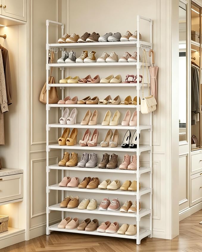 LANTEFUL Upgraded Shoe Rack for Closet Large Capacity 10 Tier Shoe Storage Holds 40–50 Pairs Sturdy Shoe Organizer with 10 Hooks for Entryway, Bedroom, Garage, White