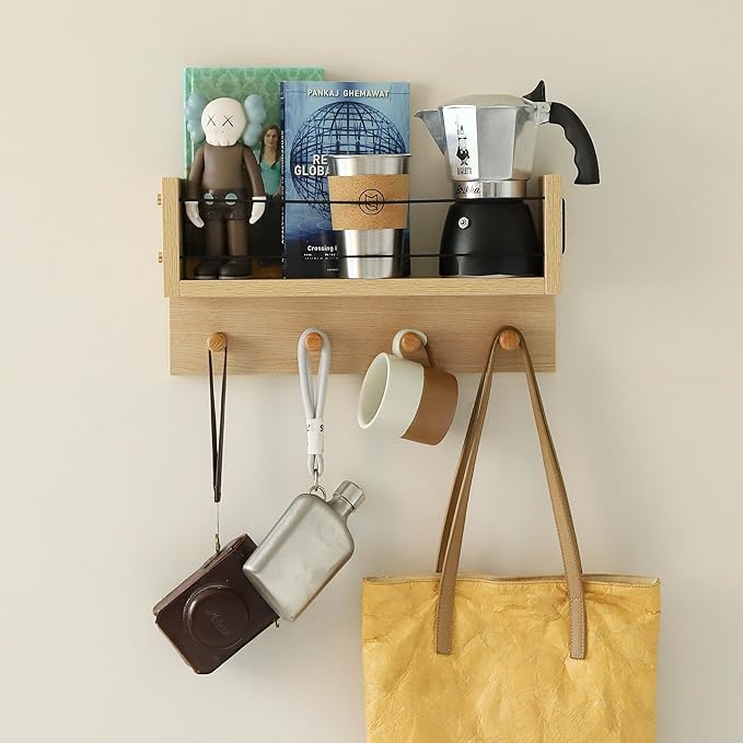 Entrance Coat Rack ，Coat Hooks, Wall-Mounted Wooden Hook Rack, Wall-Mounted Shelves are Very Suitable (Oak Color Finish-B-1)